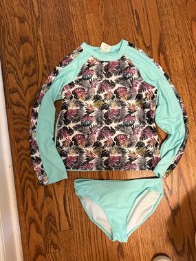 Kids Long Sleeve Rash Guard Two-Piece Swimsuit - Aqua with Tropical Print